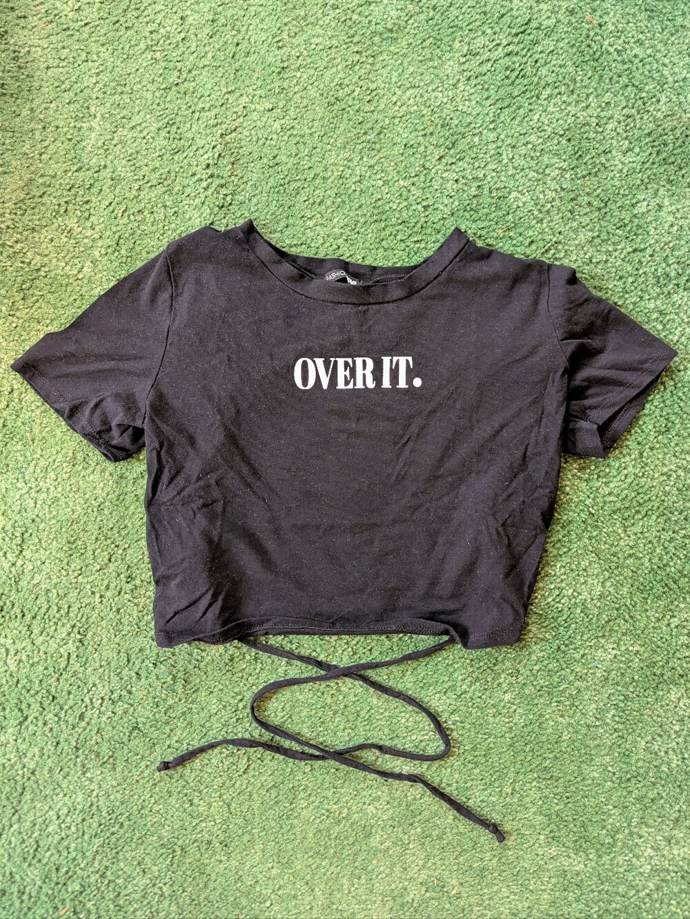 Black "Over It." Cropped Tie-Waist Tee